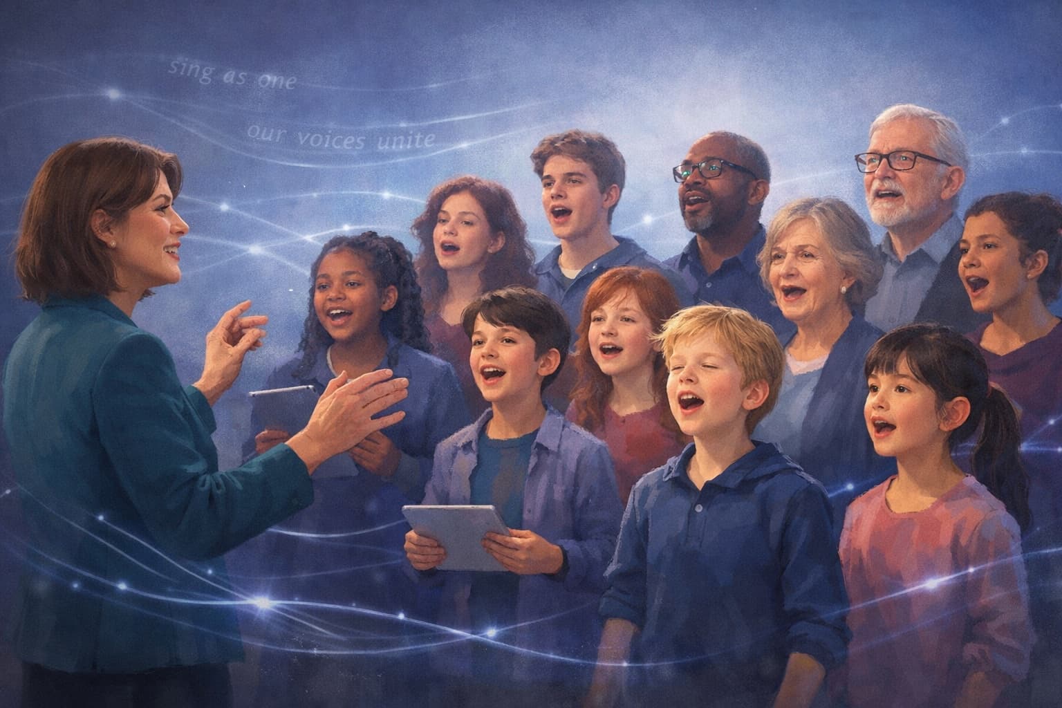 A group of students practicing choral speaking together, voices unified in rhythm and expression