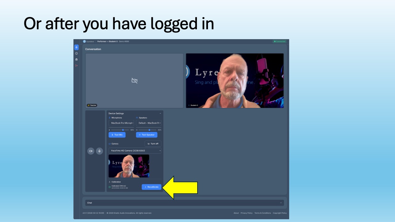 Lyrekos performer panel showing the Recalibrate button in the Device Settings section during a live session