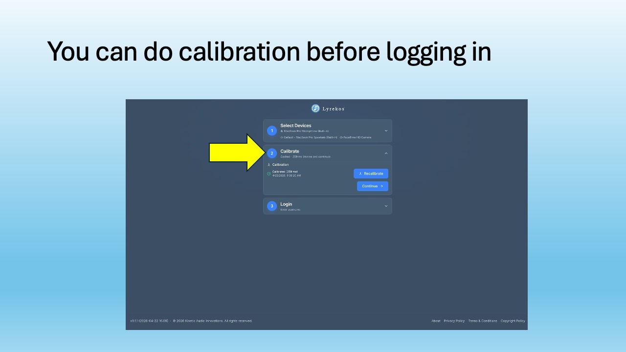 Lyrekos login screen showing the Calibrate step highlighted, with Recalibrate and Continue buttons