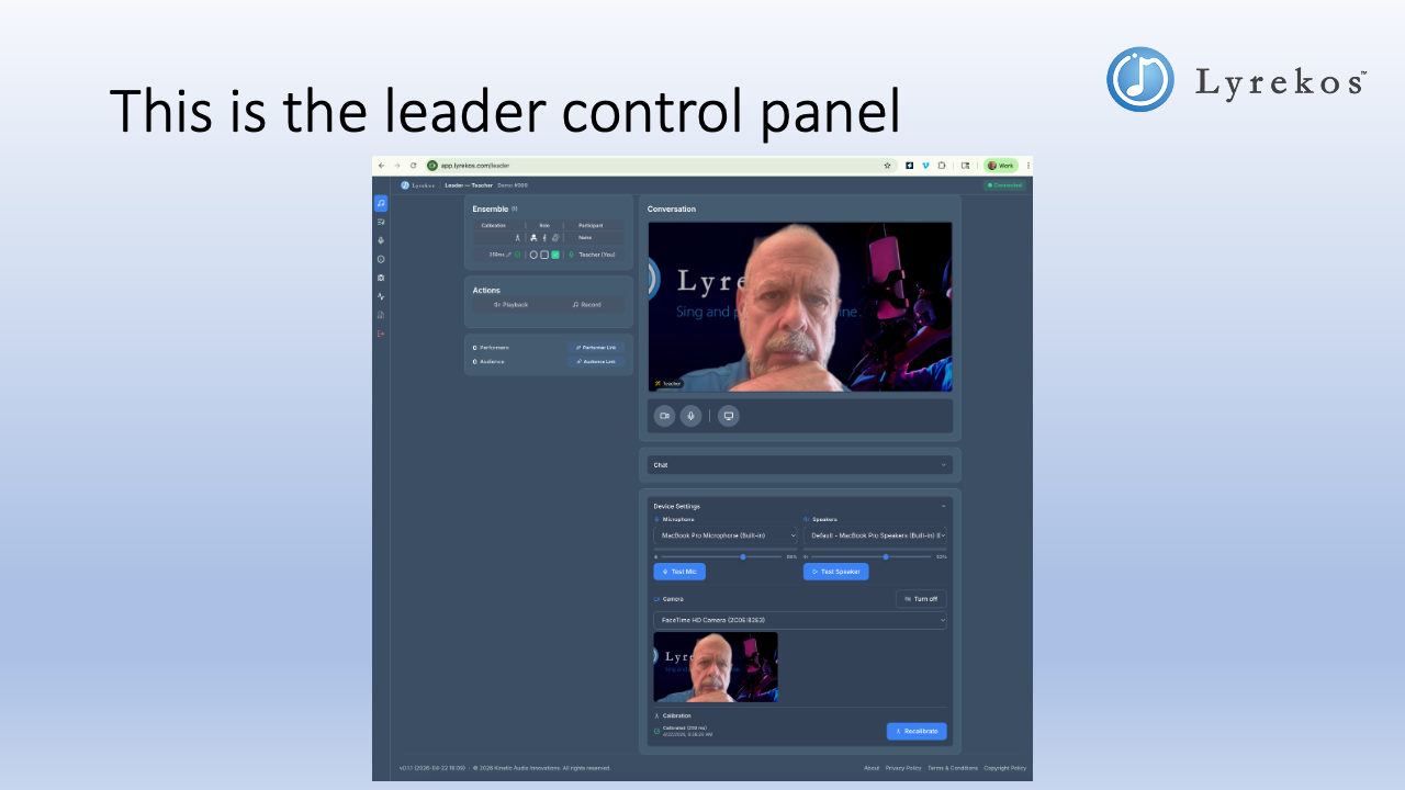 The Lyrekos Leader Control Panel showing the Ensemble panel, Actions panel, video conference view, chat, and device settings