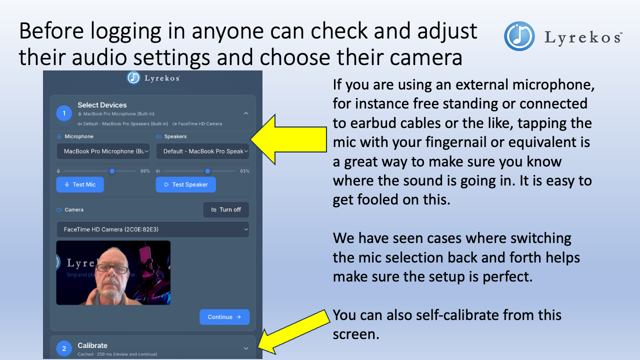 Lyrekos Select Devices screen showing microphone, speaker, and camera selection options