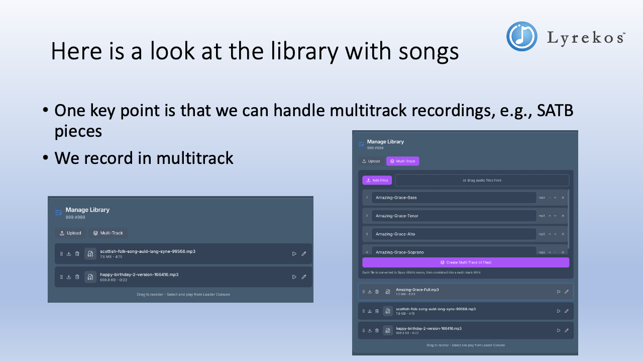 Lyrekos Library screen showing single-track and multi-track views with uploaded audio files including Amazing Grace parts