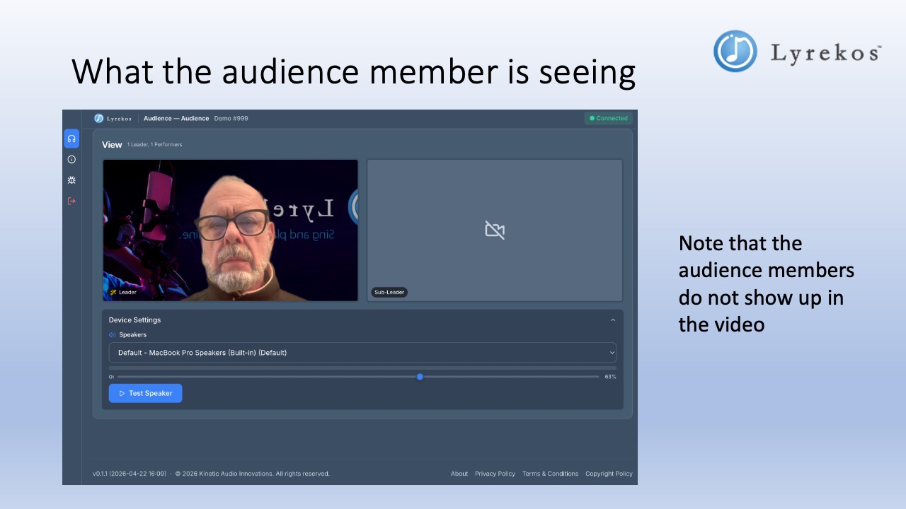 The Lyrekos audience view showing the Leader and Sub-Leader video panels. Audience members do not appear in the video.