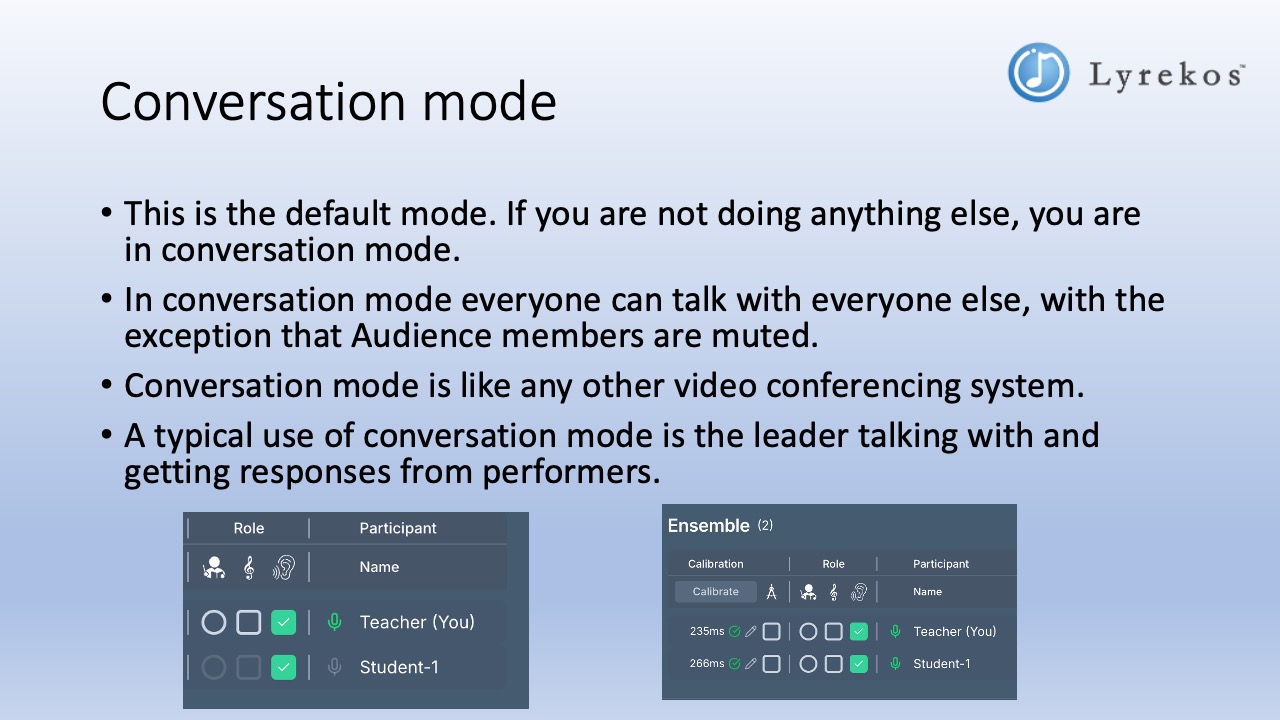 Lyrekos Conversation mode showing the Role and Participant panels with Listener roles active for Teacher and Student-1