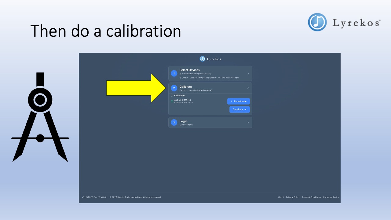Lyrekos login screen showing the Calibrate step with Recalibrate and Continue buttons