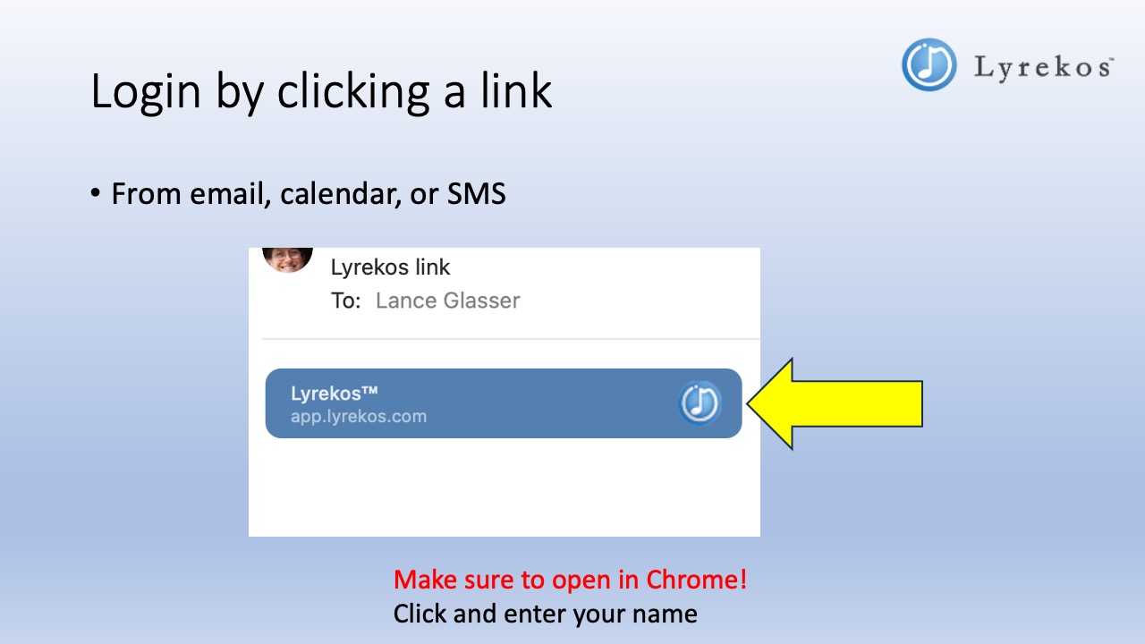 Email showing a Lyrekos session link — click it to open app.Lyrekos.com in Chrome and enter your name