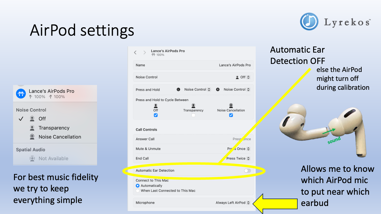 AirPods Pro settings screen showing Automatic Ear Detection turned off, Noise Control set to Off, and Microphone set to Always Left AirPod
